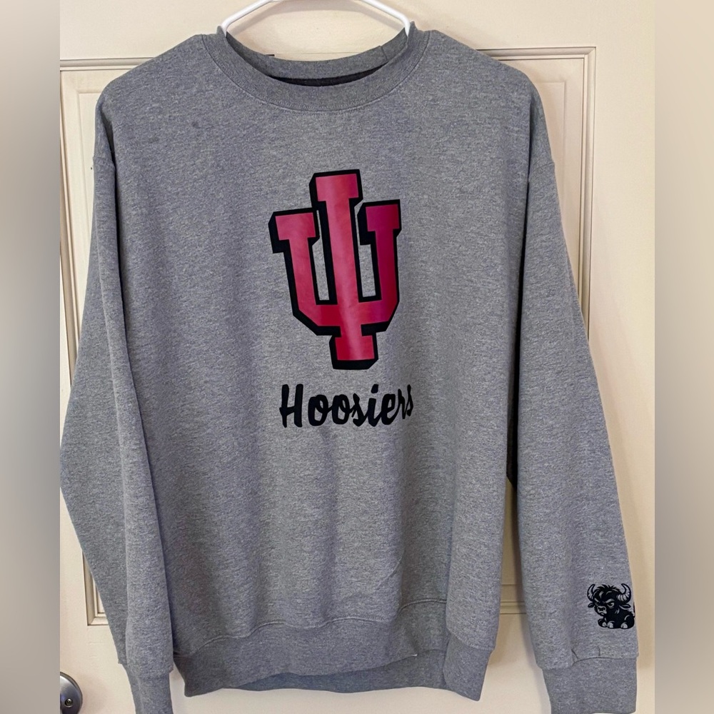 Gray Indiana Hoosiers Sweatshirt with Red Logo and black bison on the sleeve